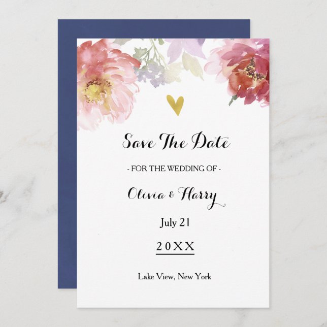 Rustic Watercolor Floral Save The Date Card | Navy (Front/Back)