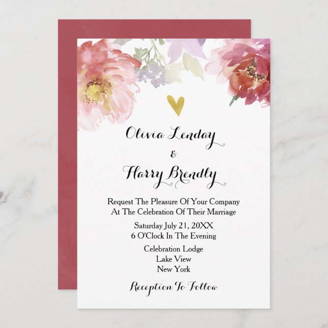Rustic Watercolor Floral Wedding Invitation (Front/Back)
