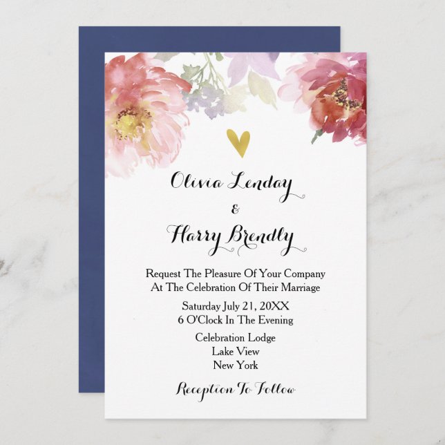 Rustic Watercolor Floral Wedding Invitation | Navy (Front/Back)
