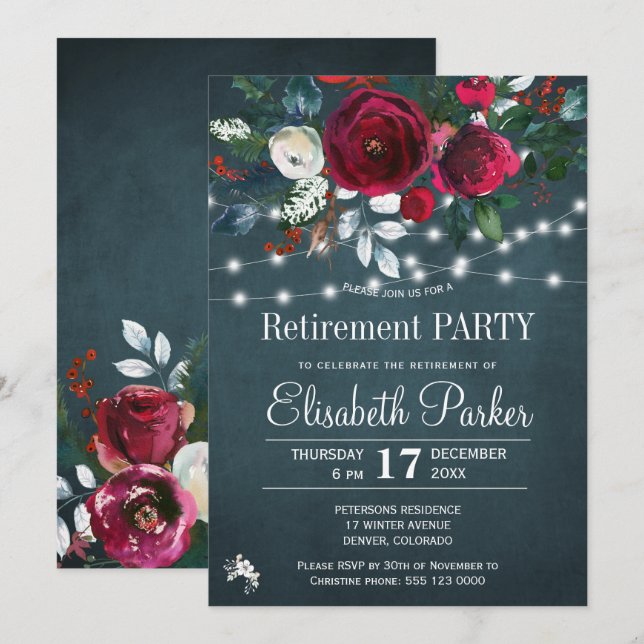 Rustic watercolor floral winter retirement party invitation (Front/Back)