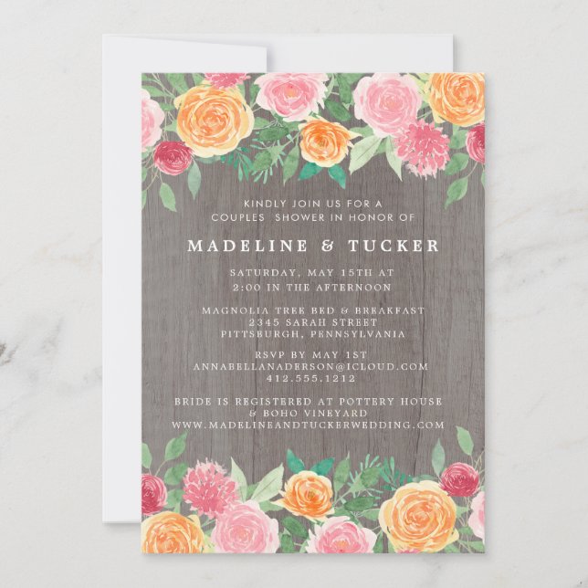 Rustic Watercolor Floral Wood Photo Bridal Shower  Invitation (Front)
