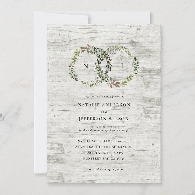 Rustic watercolor floral wreath wedding invite (Front)