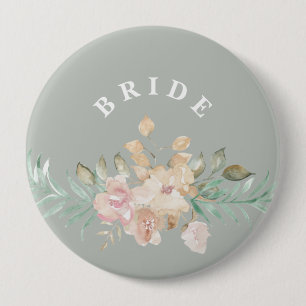 Rustic Watercolor Florals on Sage Green Bride 10 Cm Round Badge