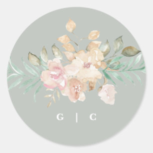 Rustic Watercolor Florals on Sage Green Wedding Classic Round Sticker