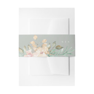 Rustic Watercolor Florals on Sage Green Wedding Invitation Belly Band