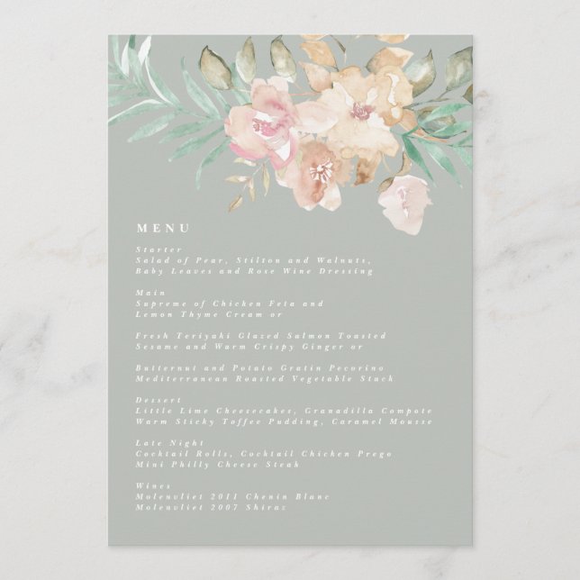 Rustic Watercolor Florals on Sage Green Wedding Menu (Front)