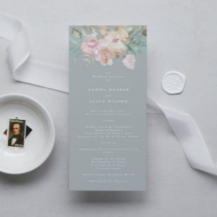 Rustic Watercolor Florals on Sage Green Wedding Programme