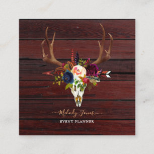 RUSTIC WATERCOLOR FLOWERS, BOHO SKULL+ARROW SQUARE BUSINESS CARD