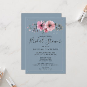 Rustic watercolor flowers dusty blue Bridal Shower Invitation