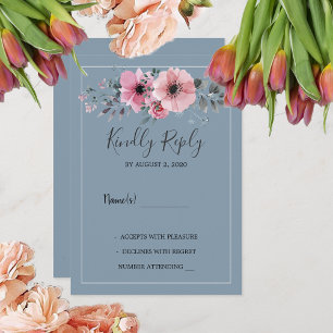 Rustic watercolor flowers dusty blue Wedding RSVP  Invitation