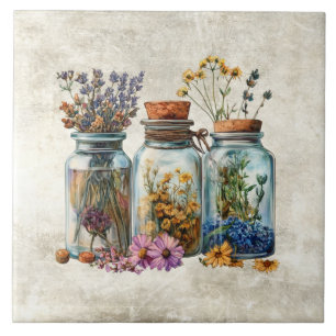 Rustic Watercolor Flowers in Jars  Tile
