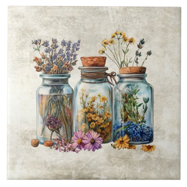 Rustic Watercolor Flowers in Jars  Tile (Front)