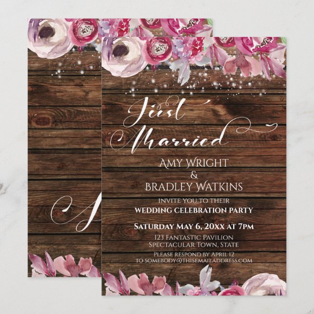 Rustic Watercolor Flowers & Lights Just Married Invitation (Front/Back)
