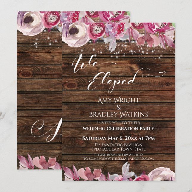 Rustic Watercolor Flowers & Lights We Eloped Invitation (Front/Back)