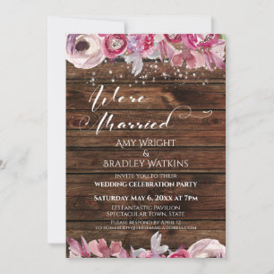 Rustic Watercolor Flowers & Lights We're Married Invitation