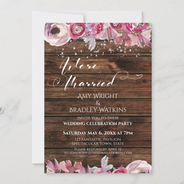 Rustic Watercolor Flowers & Lights We're Married Invitation (Front)