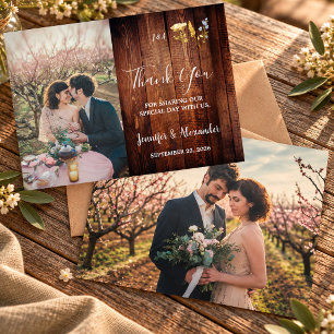 Rustic watercolor flowers monogram photo wedding thank you card