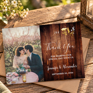 Rustic watercolor flowers monogram photo wedding thank you card