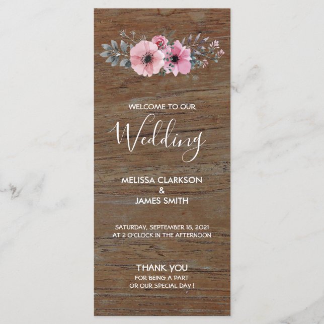 Rustic watercolor flowers on barn wood wedding programme (Front)
