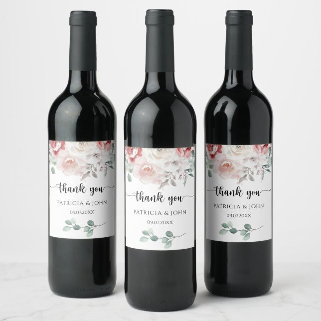 Rustic Watercolor Flowers Wedding Thank You Wine Label (Bottles)