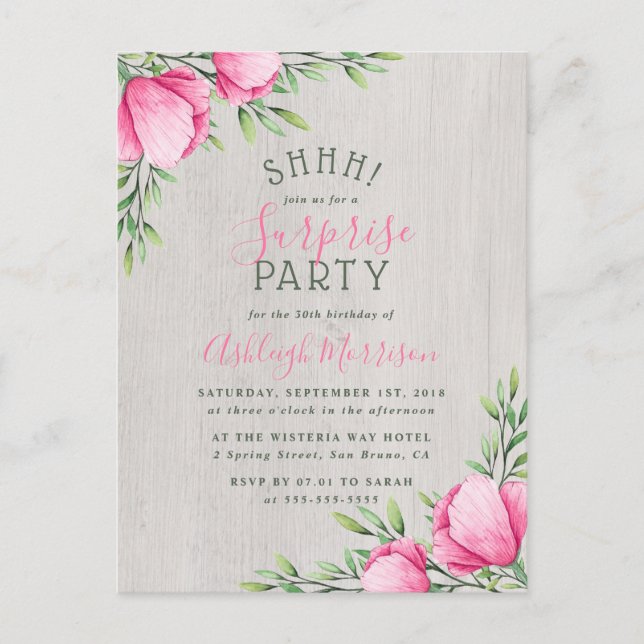 Rustic Watercolor Flowers & Wood | Surprise Party Invitation Postcard (Front)