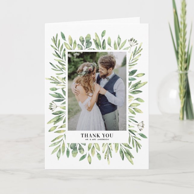 Rustic Watercolor Foliage Frame Photo Wedding Thank You Card (Front)
