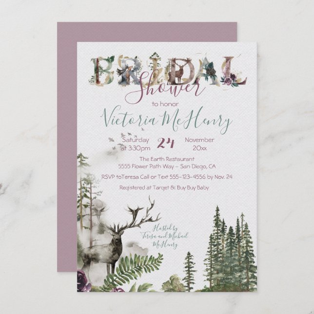 Rustic Watercolor Forest Deer Bridal Shower Invitation (Front/Back)