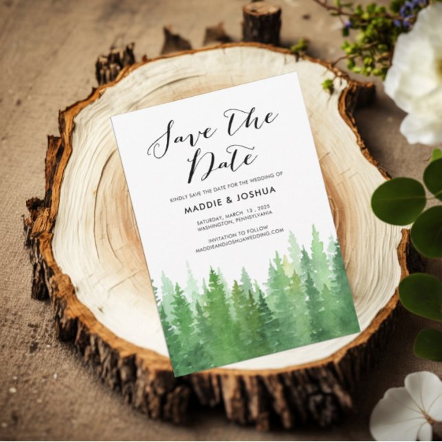 Rustic Watercolor Forest Evergreen QR code  Save The Date (Creator Uploaded)