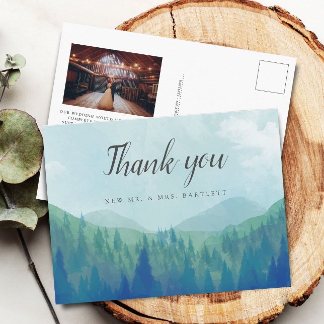 Rustic Watercolor Forest Wedding Photo Thank You Postcard (Rustic Watercolor Forest Wedding Photo Thank You Postcard)