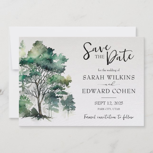 Rustic Watercolor Forest Wedding Save the Date (Front)
