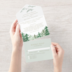 Rustic Watercolor Forest Woodland Wedding All In One Invitation