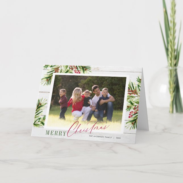 Rustic Watercolor Garland Photo Merry Christmas Holiday Card (Front)