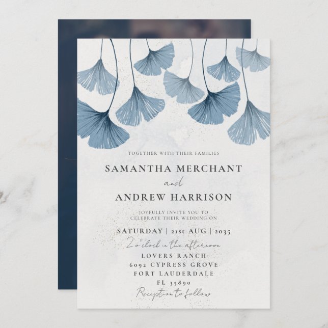 Rustic Watercolor Ginkgo Dusty Blue Wedding Invitation (Front/Back)