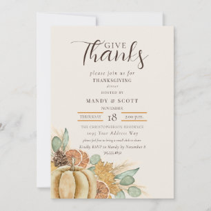 Rustic Watercolor Give Thanks Thanksgiving Dinner Invitation