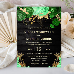 Rustic Watercolor Green and Gold Flowers Wedding Invitation