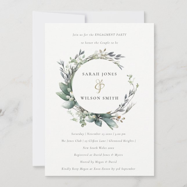 Rustic Watercolor Green Foliage Wreath Engagement  Invitation (Front)