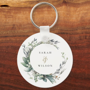 Rustic Watercolor Green Foliage Wreath Wedding Key Ring