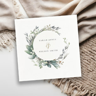 Rustic Watercolor Green Foliage Wreath Wedding Napkin