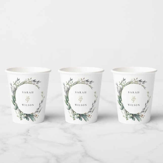 Rustic Watercolor Green Foliage Wreath Wedding Paper Cups (Multi)