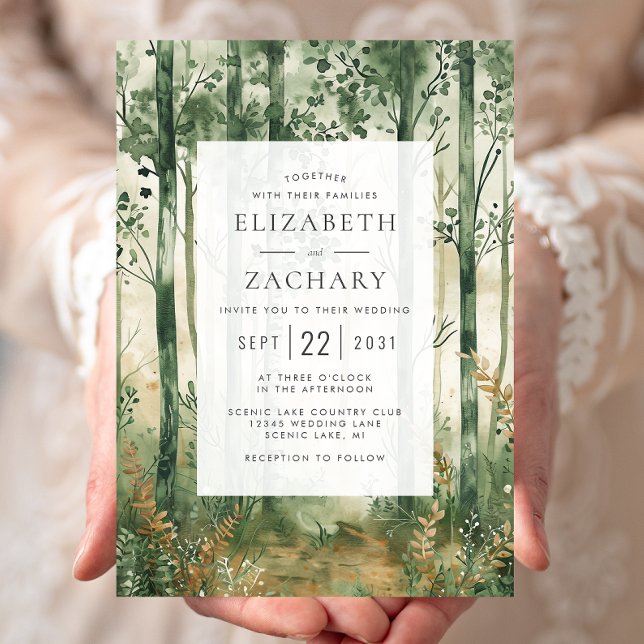 Rustic Watercolor Green Gold Woodland Wedding Invitation (Creator Uploaded)