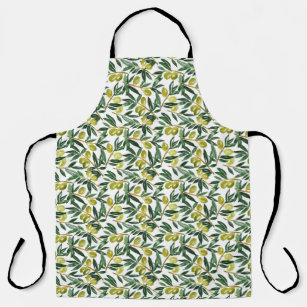 Rustic Watercolor Green Olives Pattern Apron