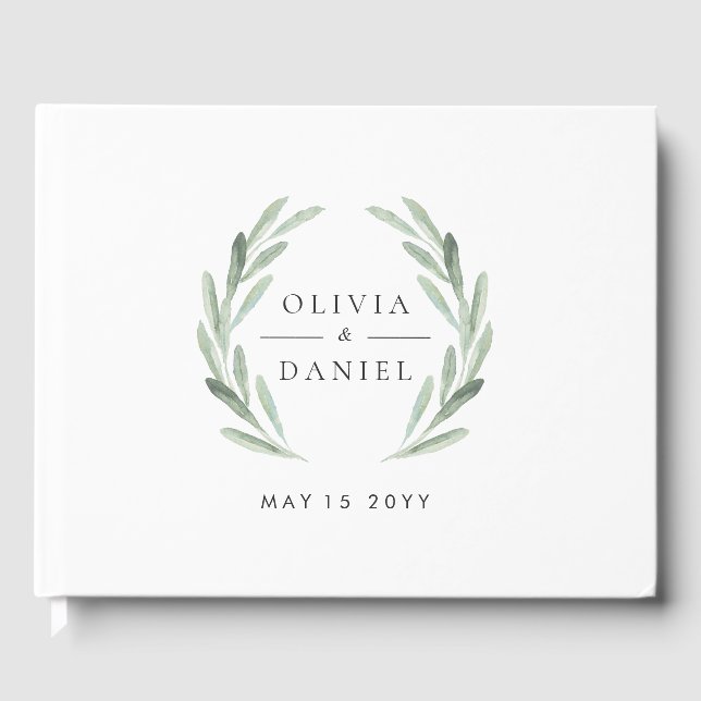 Rustic Watercolor Green Wreath Simple Wedding Guest Book (Front)