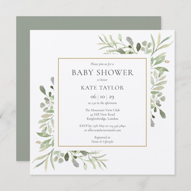 Rustic Watercolor Greenery Baby Shower Invitation (Front/Back)