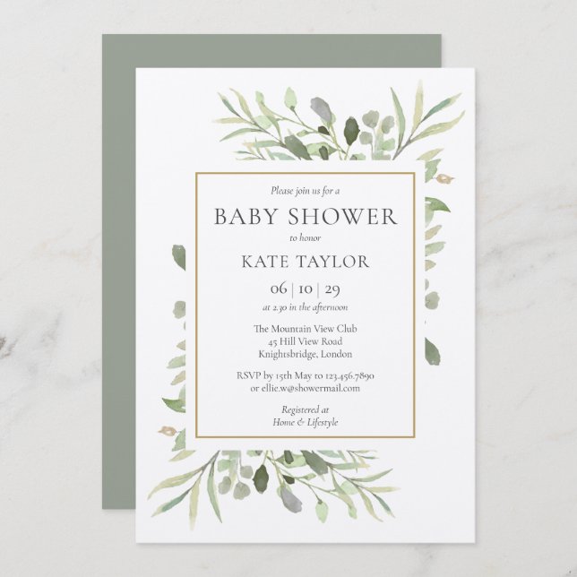 Rustic Watercolor Greenery Baby Shower / Sprinkle Invitation (Front/Back)