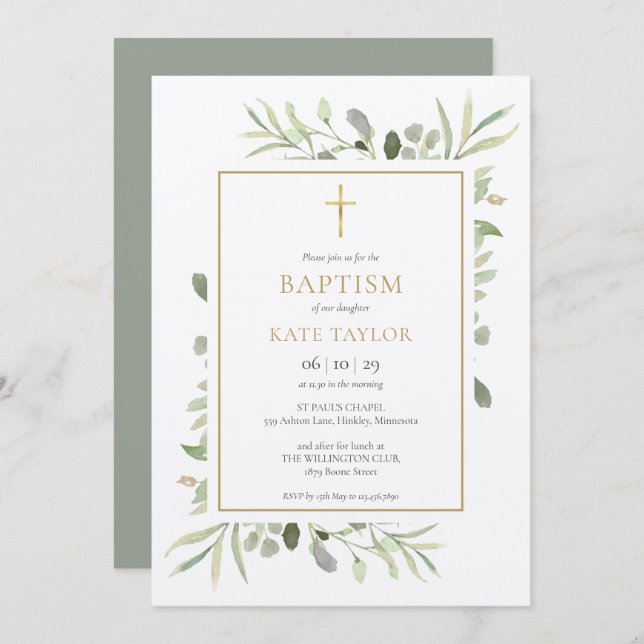 Rustic Watercolor Greenery Baptism Christening Invitation (Front/Back)