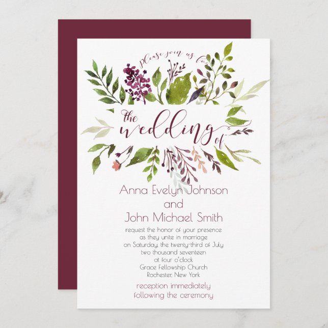 Rustic Watercolor Greenery Berries Vines Wedding | Invitation (Front/Back)