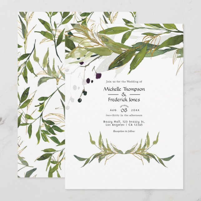 Rustic Watercolor Greenery Country Barn Wedding Invitation (Front/Back)