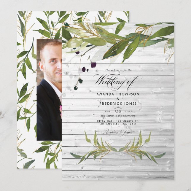 Rustic Watercolor Greenery Country Barn Wedding Invitation (Front/Back)