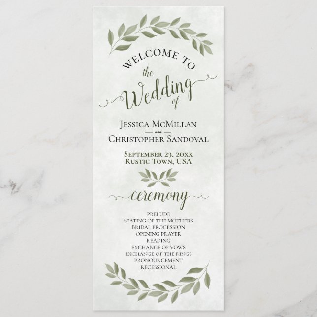 Rustic Watercolor Greenery Elegant Sage Wedding Programme (Front)