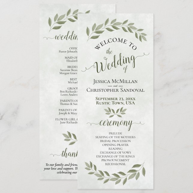 Rustic Watercolor Greenery Elegant Sage Wedding Programme (Front/Back)